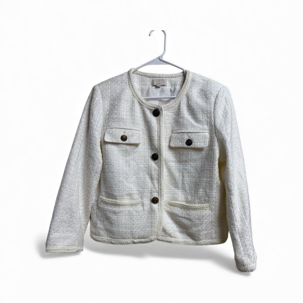 LOFT White Tweed Boucle Crest Button Jacket L NWOT